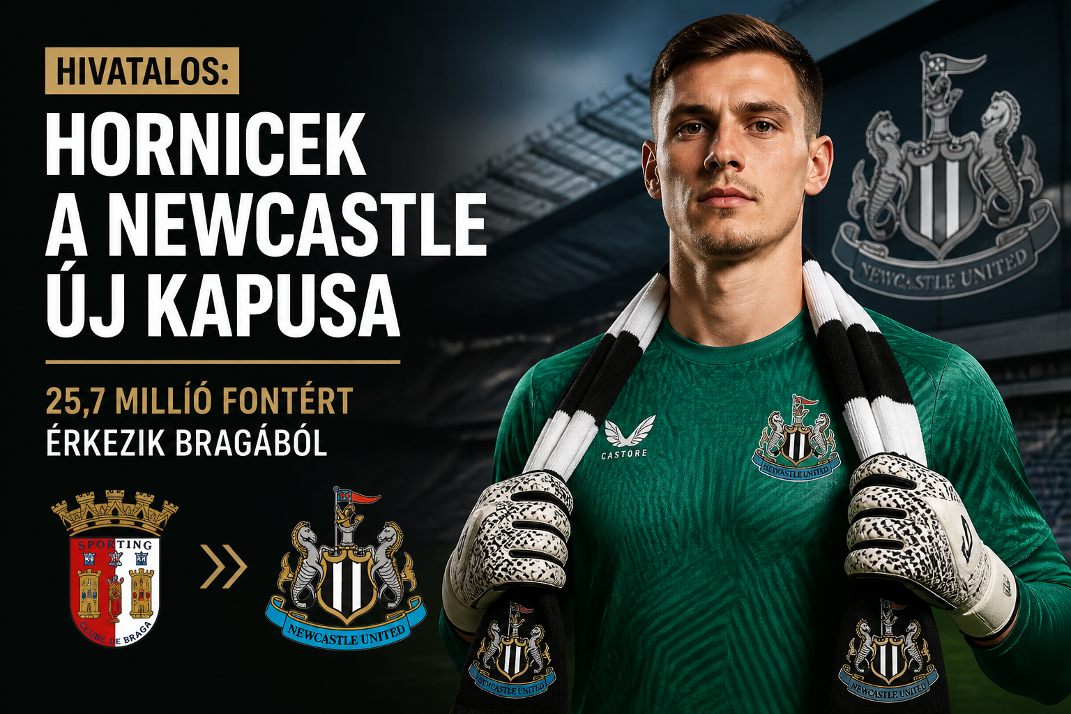 Hivatalos: Hornicek a Newcastle új kapusa – 25,7 millió fontért érkezik Bragából